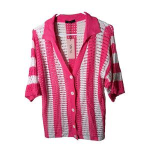 MICAS Shirt Women's Medium Striped Button Open Knit Sweater Collared NWT